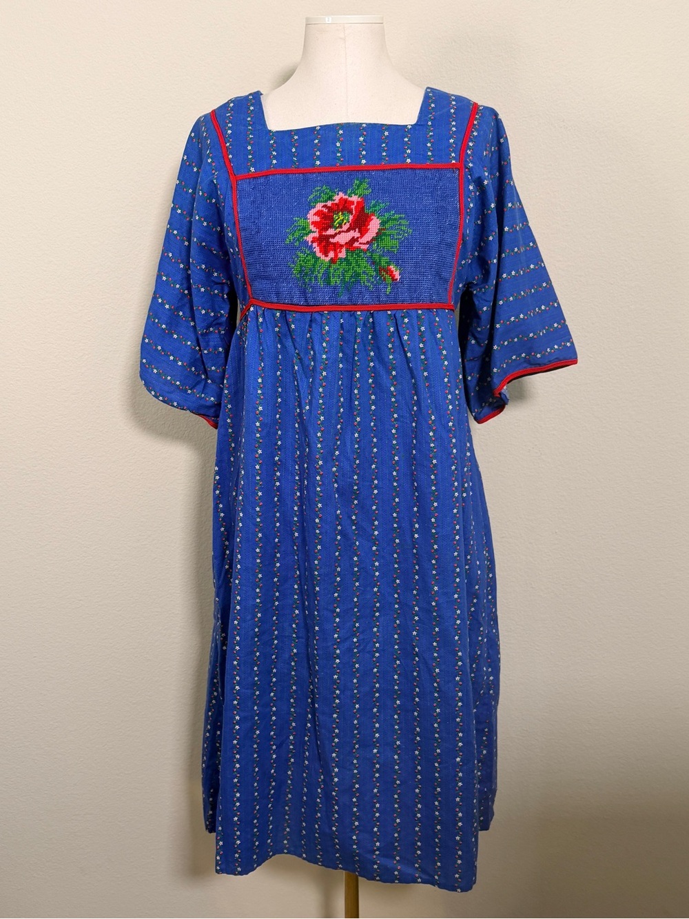 Hand-Embroidered Blue Peasant handmade midi Dress with Red Rose size M
